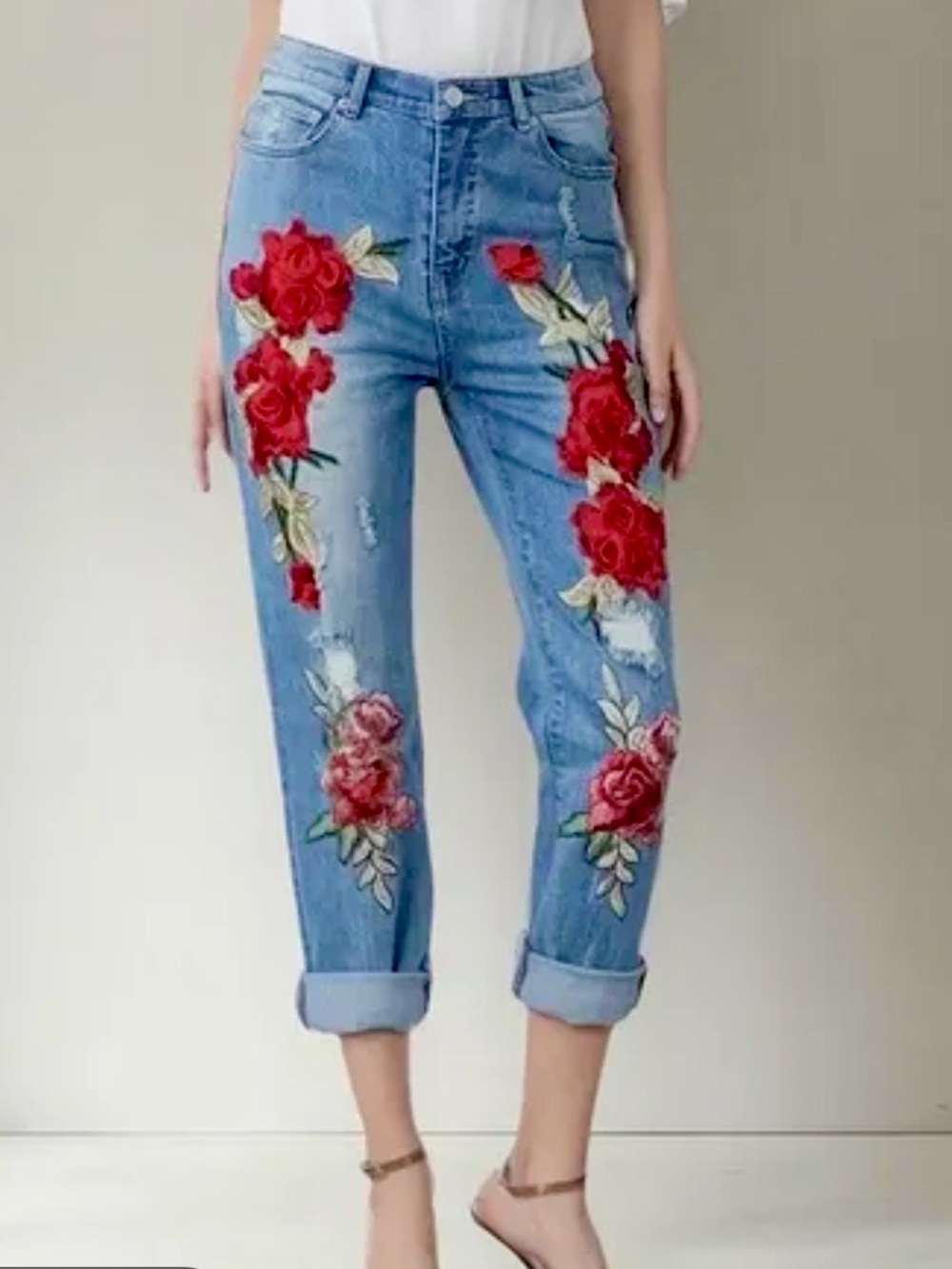 Emory Park Womens Floral Embroidered Distressed Jeans S distressed Boho Blue